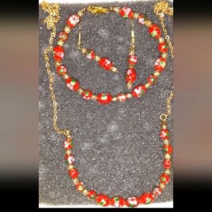 Handmade Red, Pink & Gold Cloisonne Matching Necklace, Bracelet And Earring Set